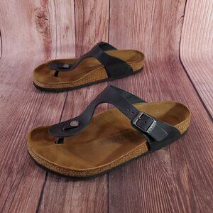 Birkenstock Gizeh L9 M7 Black Oiled Leather T-Strap Thong Flip Flops Sandals